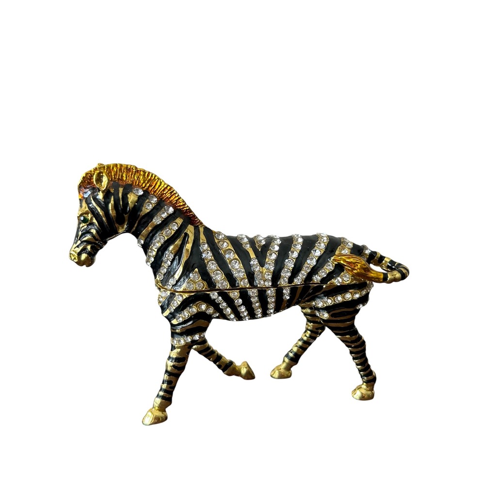 Zebra Metal Enamel Rhinestones Trinket Jewelry Box Hinge Magnetic Lid Decor